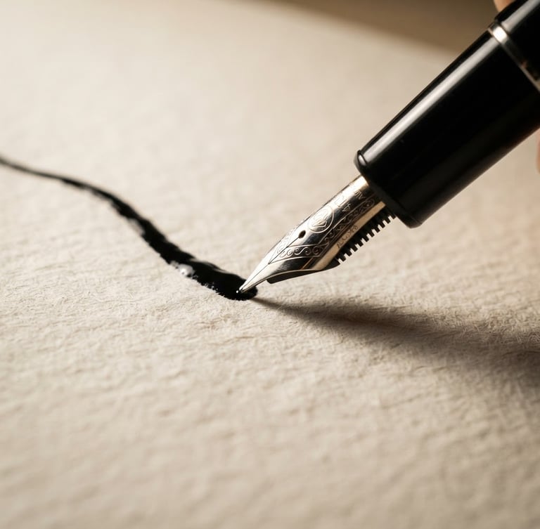 Macro close-up of a luxury black fountain pen drawing a single clean ink stroke on textured warm off-white paper, dramatic side lighting, sharp focus on ink texture, minimalist studio setting