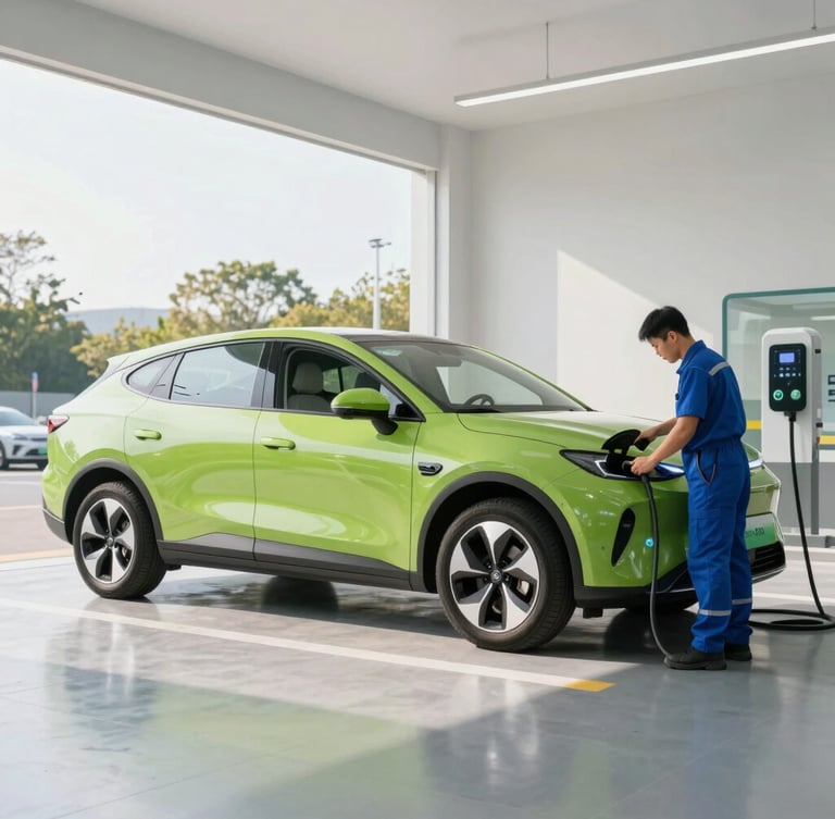 Wide shot of a modern electric cab charging, with a technician checking the tires in a clean, well-lit depot under bright morning daylight, emphasizing maintenance.