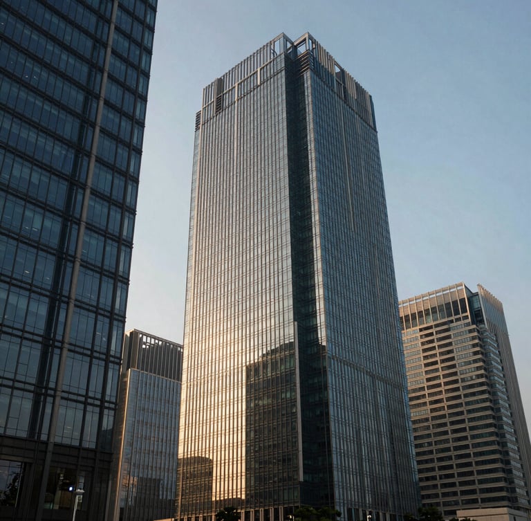 Wide-angle editorial corporate photography of modern high-rise glass architecture in Jakarta, cool morning architectural light, deep navy and champagne gold tones, sharp focus, 35mm