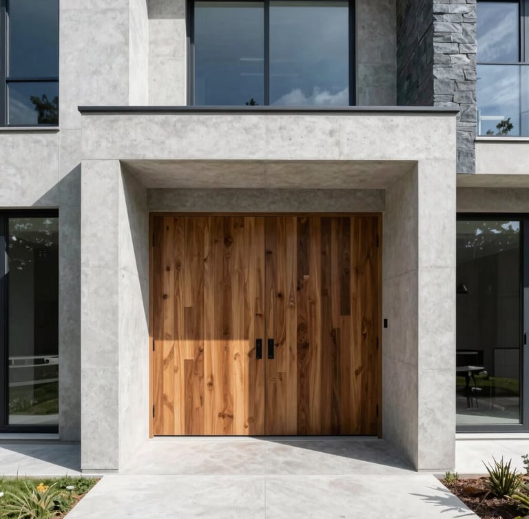 Straight-on architectural photograph of a completed modern residential space, featuring clean lines, concrete walls, custom woodwork, cool slate tones, bright daylight.