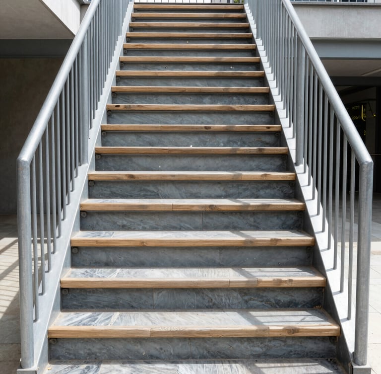 Straight-on architectural photograph of a modern steel and oak staircase transition, sharp focus, cool slate tones, bright natural daylight