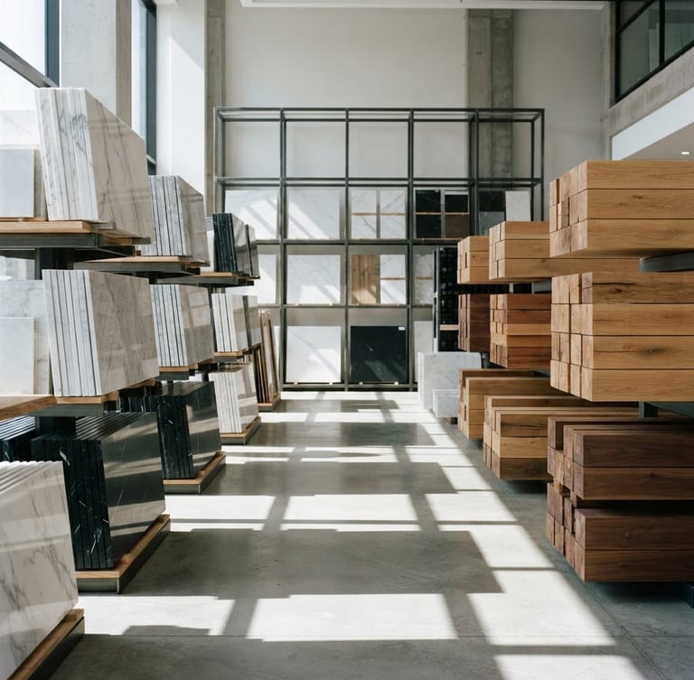 Straight-on architectural photography of organized stacks of premium marble tiles and structural timber inside a bright, daylight-filled modern showroom, sharp geometric shadows, neutral industrial tones, 35mm