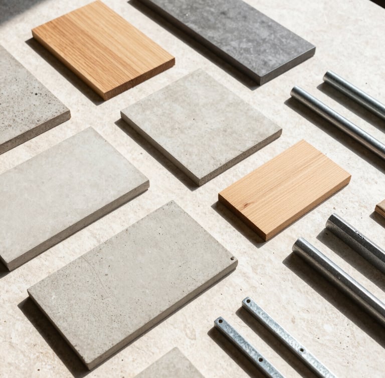 Orthogonal flat-lay of architectural material samples, concrete tiles, timber blocks, and steel hardware arranged neatly on a light stone surface, bright natural daylight, sharp geometric shadows, 35mm
