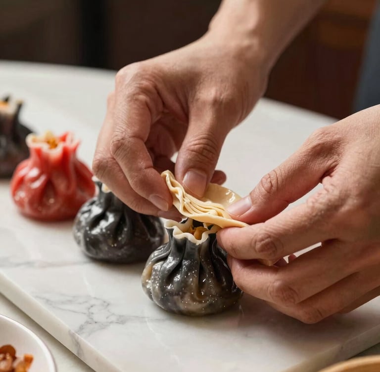 Hands wrapping fresh dimsum with premium tofu skin on a clean marble counter, dramatic side lighting, focus on texture, warm appetizing food photography