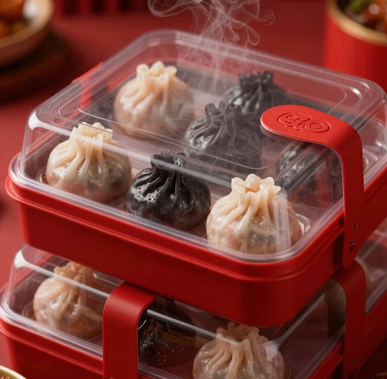 Close-up of clean, professional frozen dimsum packaging stacked neatly, minimal modern design, red accents, warm lighting