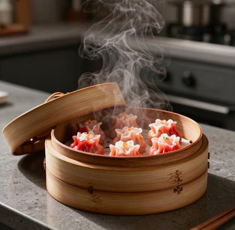 A warm, inviting scene of a modern kitchen counter with a steaming bamboo steamer open, showing fresh, plump dimsum, dramatic side lighting