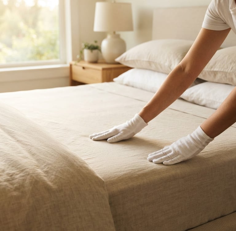 Hands in white cotton gloves gently smoothing a freshly ironed linen sheet on a bed, soft morning window light, neutral warm tones