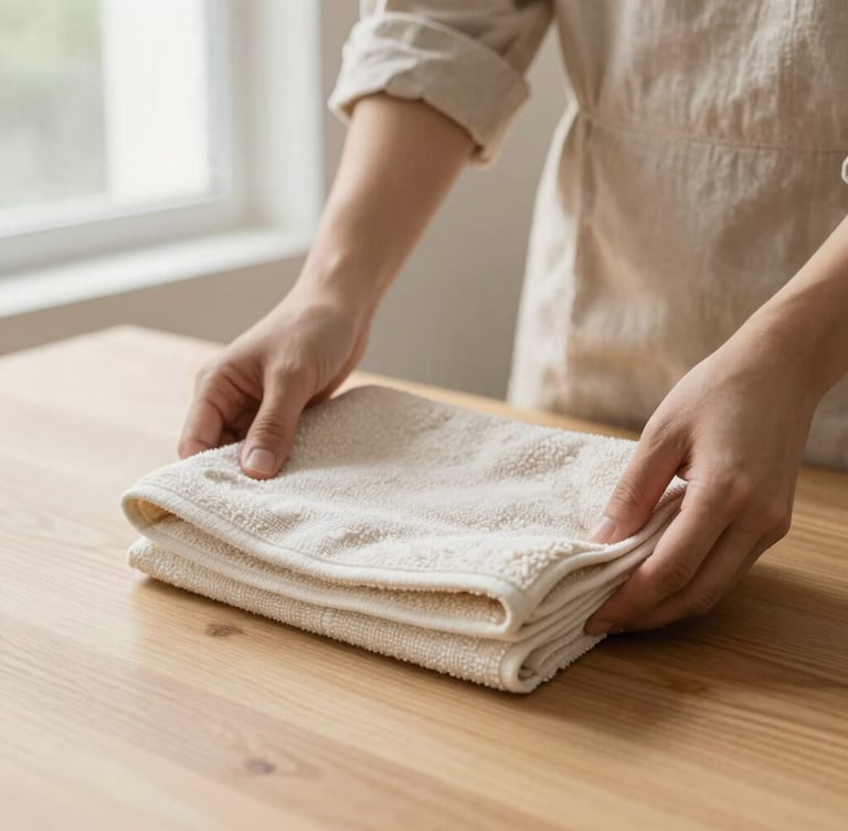 Close-up of hands in a neat linen uniform placing a folded organic cotton towel on a light oak table, soft morning light, warm editorial photography, 35mm lens
