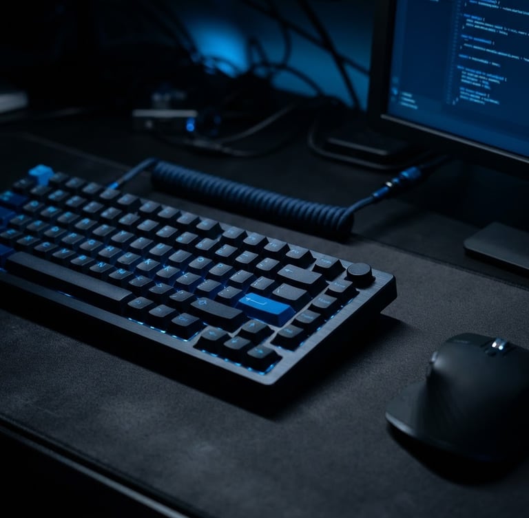 Clean minimalist developer workspace, low-key dramatic studio lighting, electric blue ambient glow, sharp macro lens