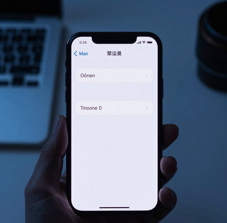 Close-up of a sleek, modern smartphone displaying a clean UI/UX design, held by a hand in a minimalist workspace, cool blue ambient light, sharp macro lens.