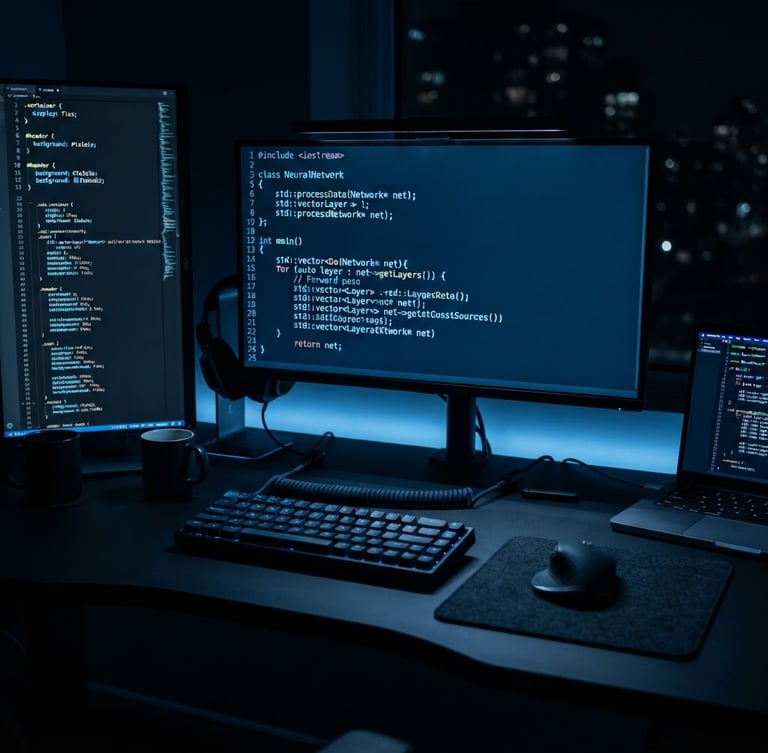 Modern, minimalist developer workspace with multiple screens displaying clean code, cool blue ambient light, sharp macro lens, deep obsidian tones.