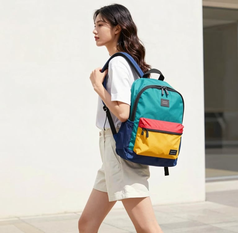 Dynamic medium shot of a stylish woman on the move in a bright urban setting, carrying a vibrant color-blocked backpack, high-key product photography, crisp natural daylight, sharp focus, 35mm.