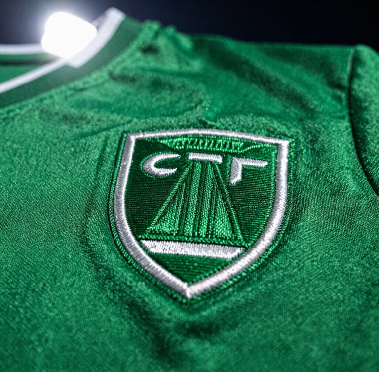 Close-up macro shot of a football shirt embroidery badge, pristine stitching details, vibrant green fabric, dramatic stadium lighting