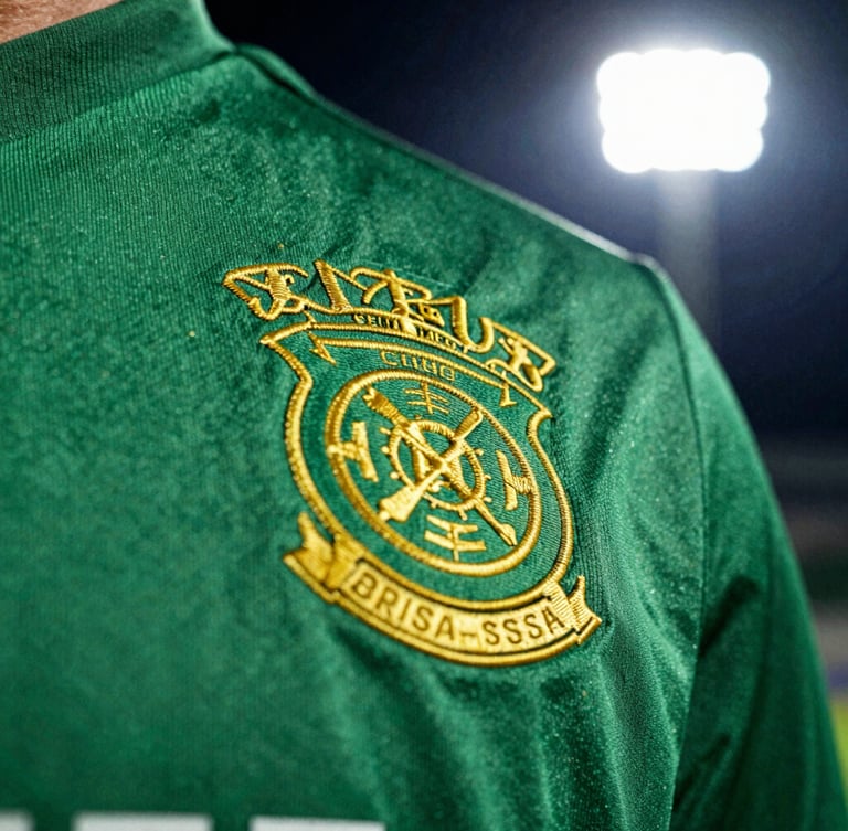 Dynamic macro sports photography, extreme close-up of a football shirt's embroidered golden crest on green fabric, high-contrast stadium floodlight, raw film grain, 35mm lens