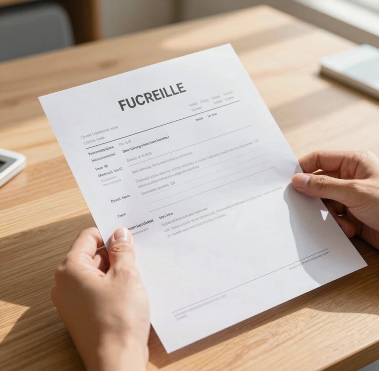 Hands holding a clearly marked paper utility bill on a clean wooden table, with sunlight streaming across the document.