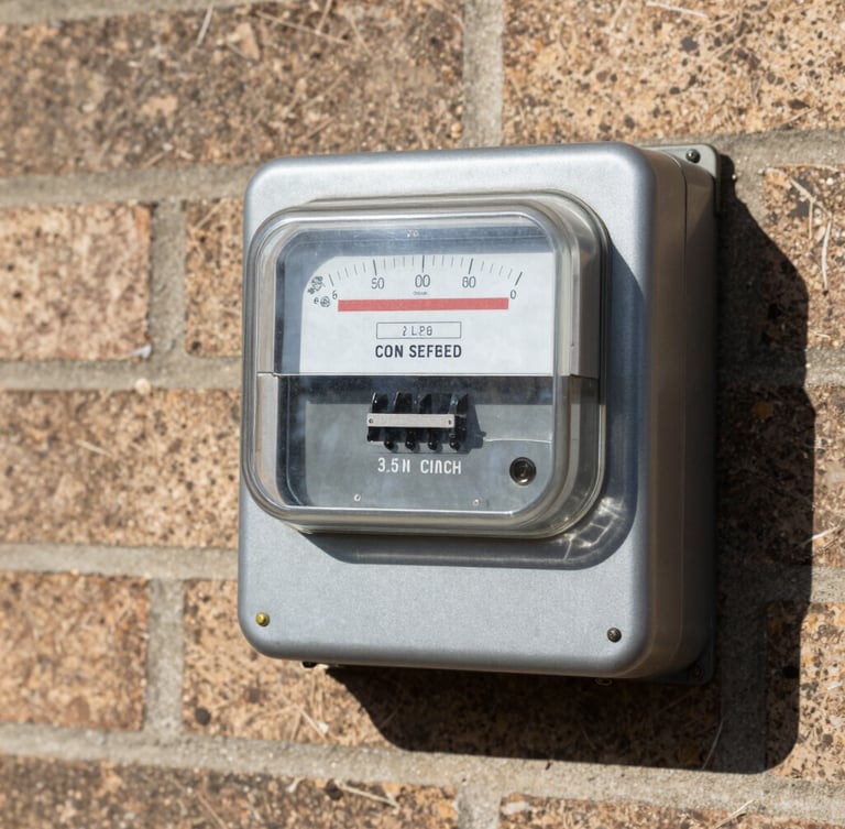 A close-up photograph of a residential electric meter on an exterior brick wall under bright daylight, sharp focus on the glass dial.
