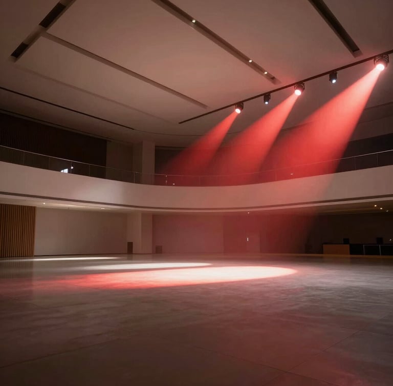 Wide architectural shot of a dramatically lit, empty modern gala hall in Dubai, sharp crimson light beams cutting through soft haze, minimalist Scandinavian design, high-contrast shadows.