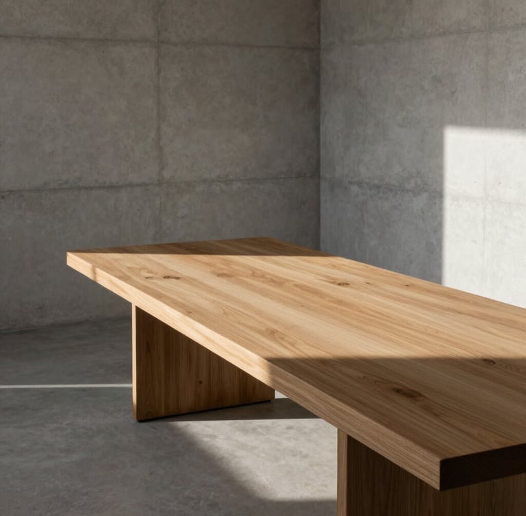 A high-angle architectural shot of a minimalist Scandinavian-style boardroom in Dubai, soft diffused northern daylight, concrete walls, a massive oak table, dramatic shadows.