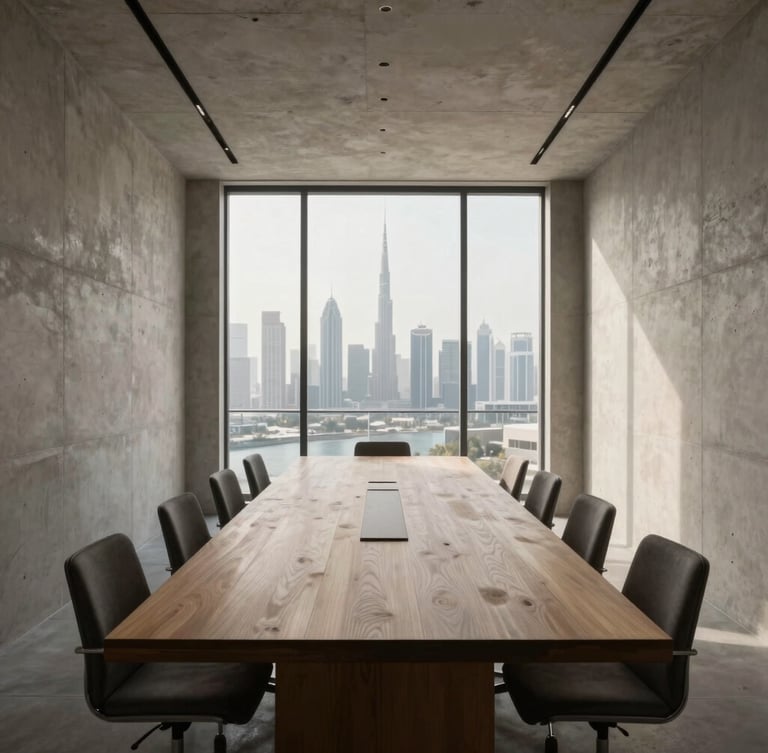 Wide-angle architectural shot of a minimalist Scandinavian boardroom in Dubai, soft diffused morning light, concrete walls, long oak table, view of distant skyline.
