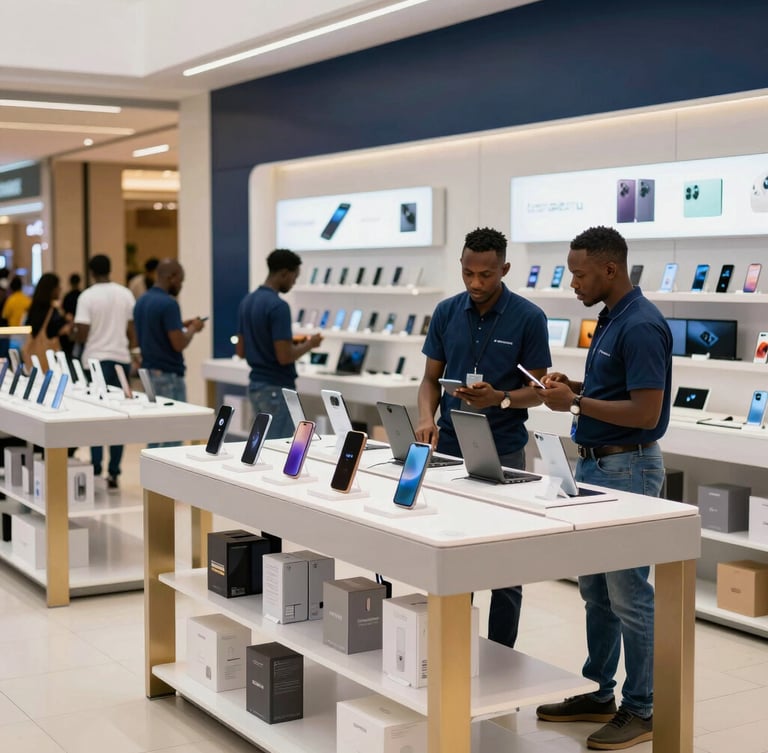 Crisp daylight shot of a modern electronics retail store in a bustling African metropolitan mall, clean shelves stocked with premium devices, professional staff assisting customers, editorial style.