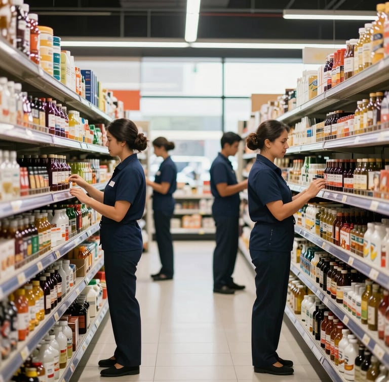 A wide environmental shot of a busy modern retail aisle in a premium Accra supermarket, with professional distributors reviewing product placement on shelves, bright natural lighting.