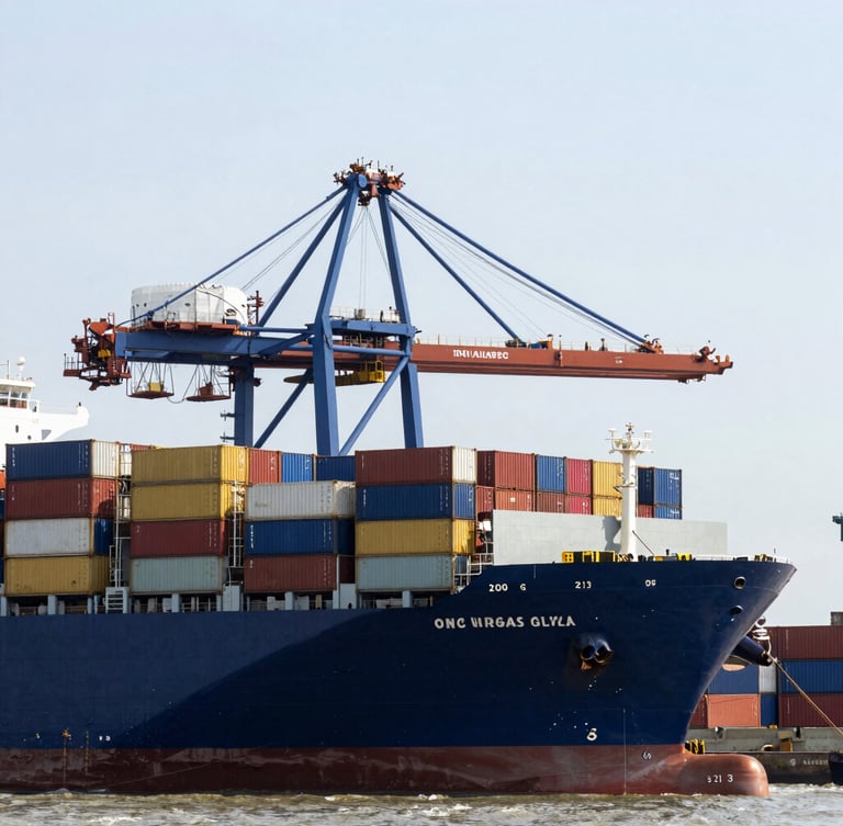 Wide environmental shot of modern container port logistics in West Africa, bright daylight, commercial shipping vessels, editorial corporate photography