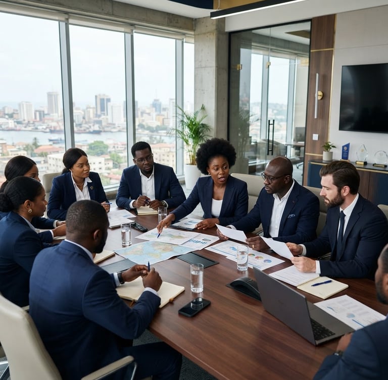 Wide-angle corporate boardroom in Accra, natural daylight, professional West African and international executives in deep navy attire reviewing trade documents on a wooden table, sharp focus.
