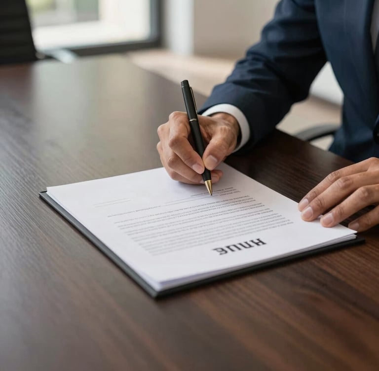 A crisp close-up of a professional hand signing a commercial distribution agreement on a dark wood boardroom table in Accra, natural morning light, editorial corporate style
