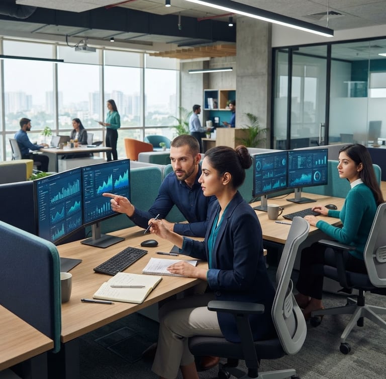 A modern bright office in IT City Mohali, professional analysts collaborating in front of clean dual-monitor setups, cool navy and teal tones, sharp focus.