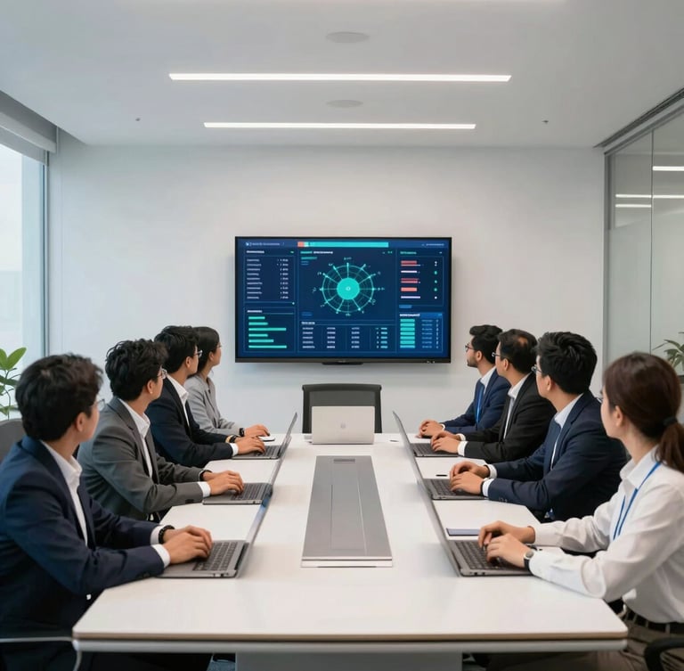 A professional team collaborating in a bright, modern conference room in Mohali, clean screens showing data dashboards, cool navy and teal tones.