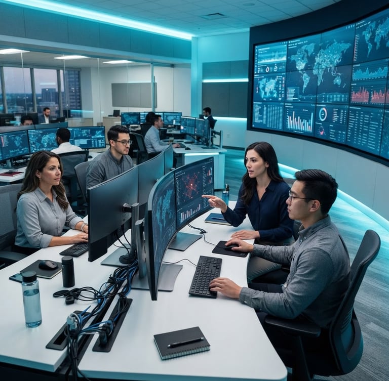 A bright, modern enterprise security operations center with professional analysts collaborating in front of clean data dashboards on dual-monitor setups, cool blue and teal tones.
