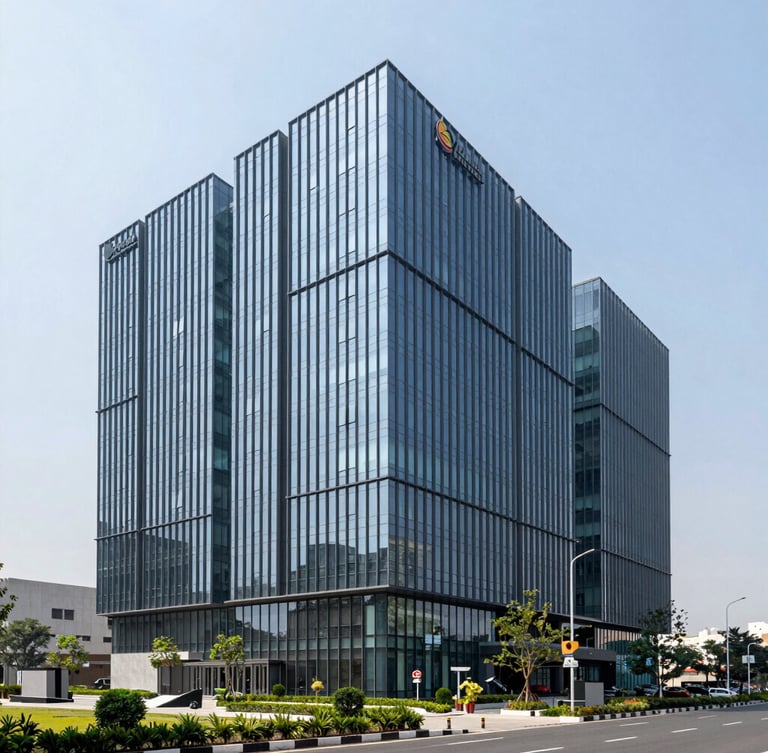 Architectural shot of a modern corporate IT building exterior in IT City Mohali, bright clean daylight, cool blue glass facade, professional landscaping.