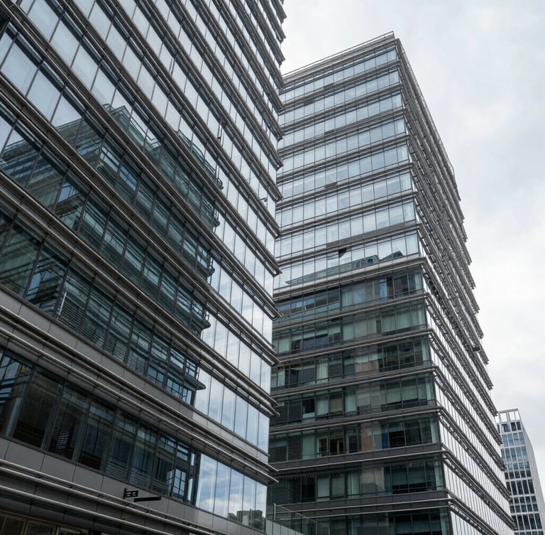 Wide panoramic shot of modern corporate architecture with sharp steel and glass diagonal structures, cool daylight reflecting off metallic surfaces, high contrast.