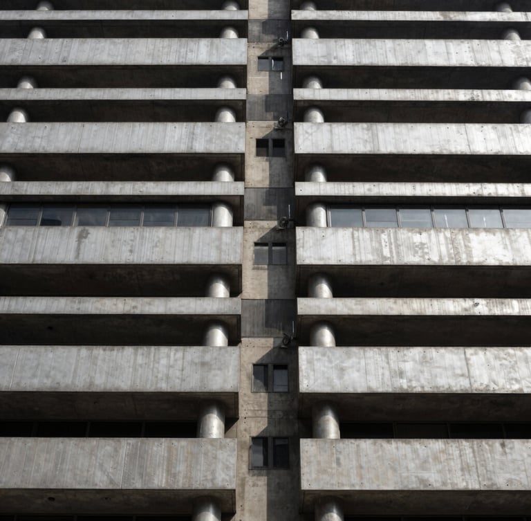 Symmetrical architectural detail of a modern concrete and steel building facade in São Paulo, high contrast daylight, silver and charcoal tones
