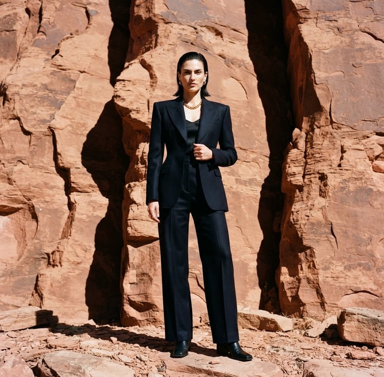Sharp editorial portrait of a model in high-fashion black tailoring standing against a massive red sandstone cliff in Southern Utah, harsh midday sunlight, deep graphic shadows, rich navy tones.