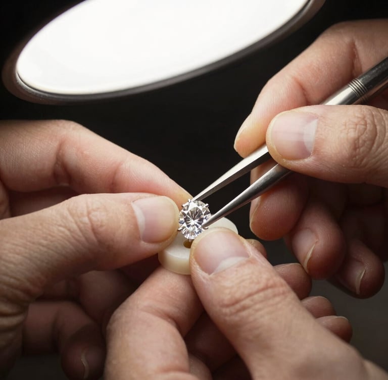 Extreme macro close-up of a master jeweler's hands placing a flawless oval cut diamond onto a wax mold, warm champagne window light, shallow depth of field, 85mm lens