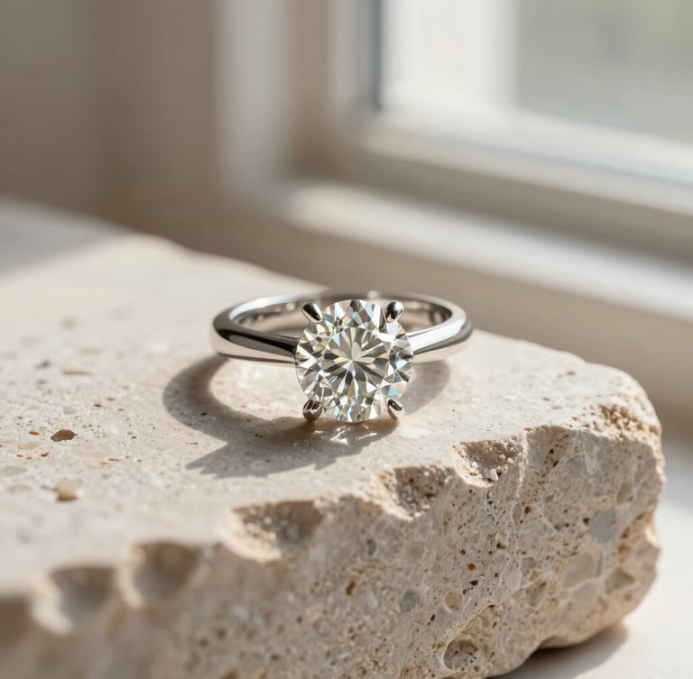 A solitaire diamond ring resting on raw textured light stone, soft side-lit window daylight, macro detail