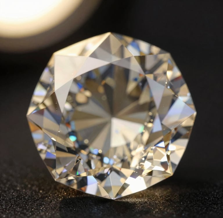 Extreme close-up of a flawless diamond facet catching warm champagne spotlight, showing micro-magnified precision cuts, rich black background