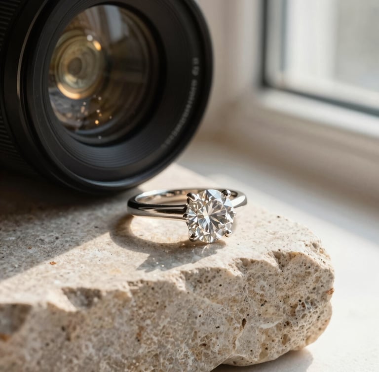 Macro luxury photography of a diamond ring resting on raw textured stone, soft side-lit window daylight, catching champagne gold light, 85mm lens