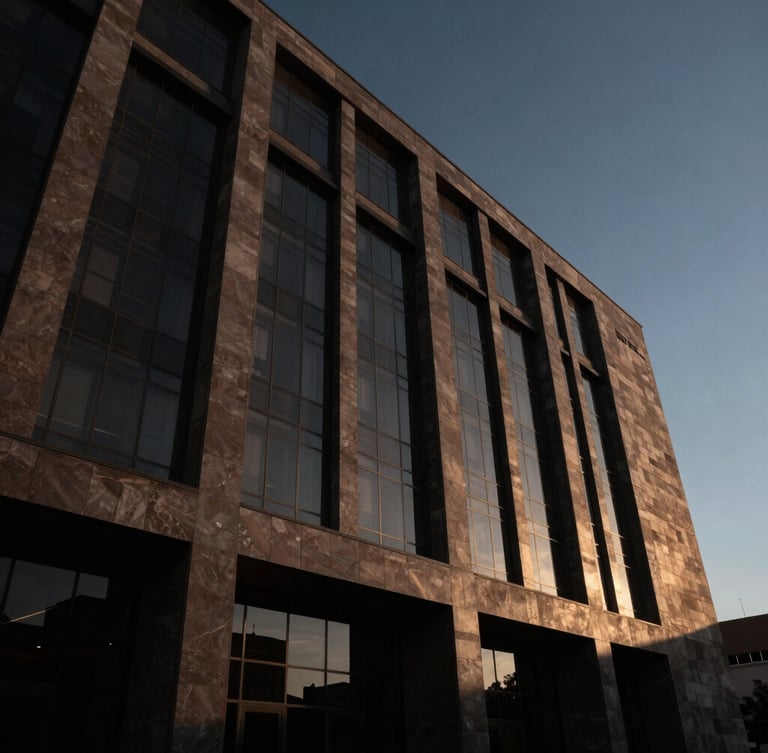 Low-angle dramatic architectural shot of a modern government palace facade in Mexicali, high-contrast shadows, warm sunset light reflecting off dark glass.