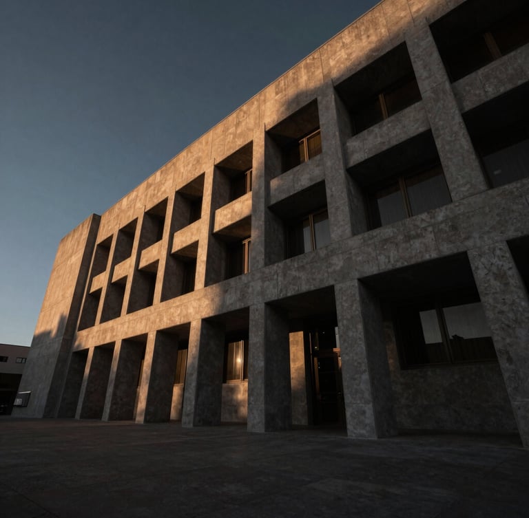 Dramatic architectural photograph of the Mexicali judicial district building, sharp concrete angles, low-key lighting with high-contrast bronze sunbeams, wide-angle lens