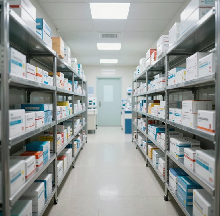 Wide panoramic shot of a pristine hospital supply corridor, sterile stainless steel shelving units holding neatly organized pharmaceutical boxes, bright cool clinical lighting, daytime.