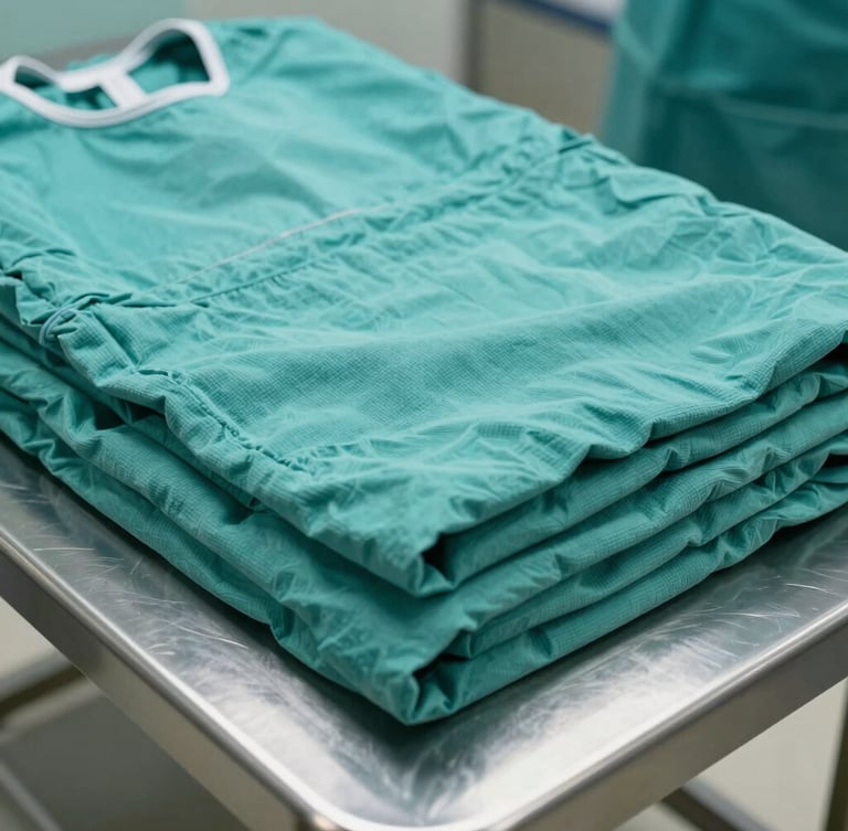 Close-up of sterile, neatly folded teal surgical gowns on a stainless steel preparation table under bright clinical daylight, showcasing high-density weave texture