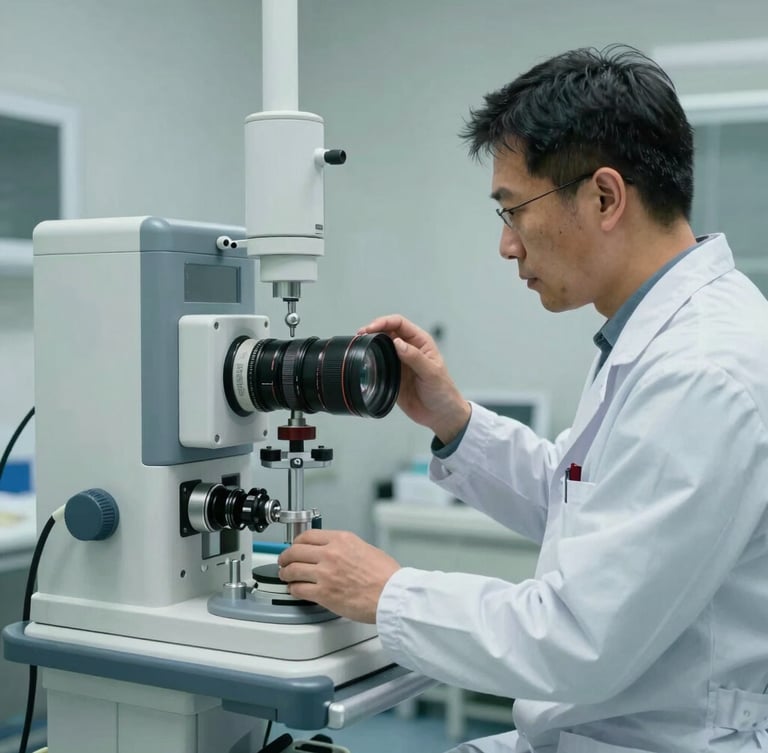 Certified biomedical engineer calibrating a complex medical ventilator in a pristine clinical environment, cool daylight, medium shot showing technical precision