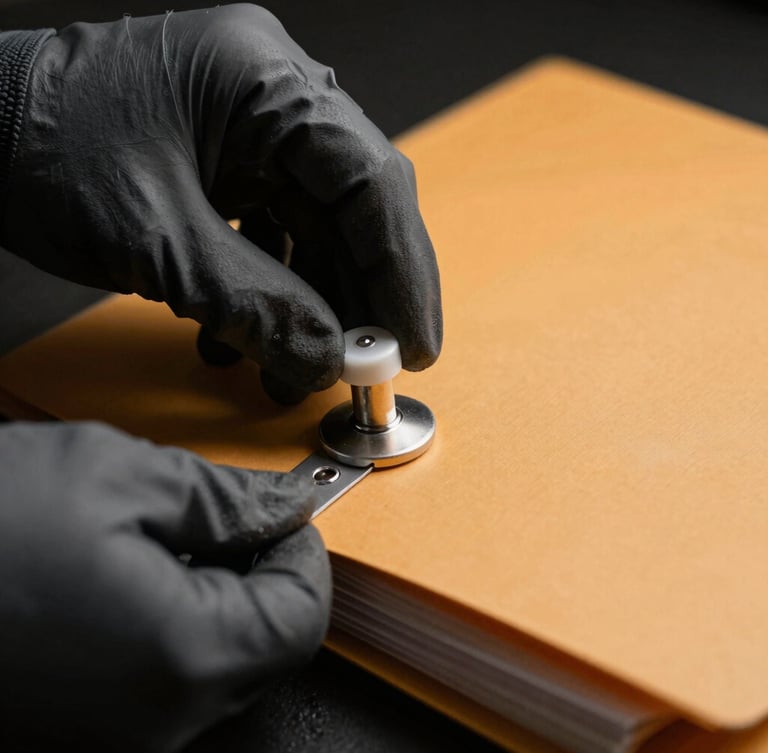 Close-up of hands in dark-grey technical gloves applying a tamper-evident security seal to a heavy-stock document folder, dramatic low-key lighting, sharp focus, 35mm film.