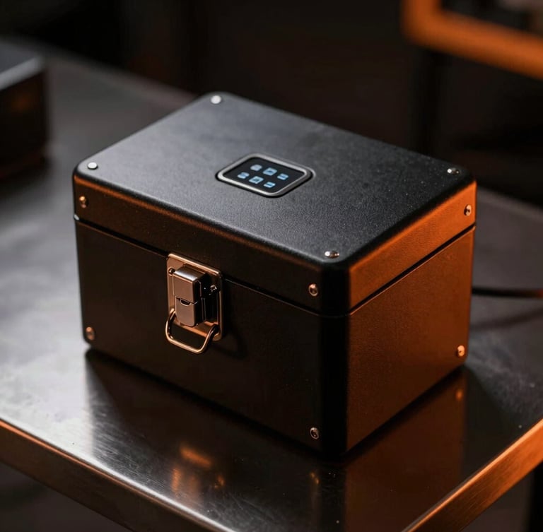 Sleek, matte-black secure lockbox on a dark metal table, dramatic low-key lighting with sharp safety-orange highlights, macro focus on a biometric scanner, 35mm film.