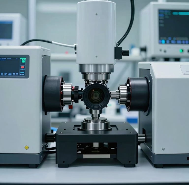 Symmetrical close-up of a clean-room laboratory environment with automated testing equipment, cool diffused lighting, high-precision technical details
