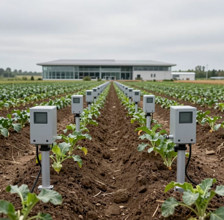 Symmetrical wide shot of automated soil monitoring array in a high-tech organic crop field, diffused overcast daylight, clean modern agricultural architecture in the distant background.
