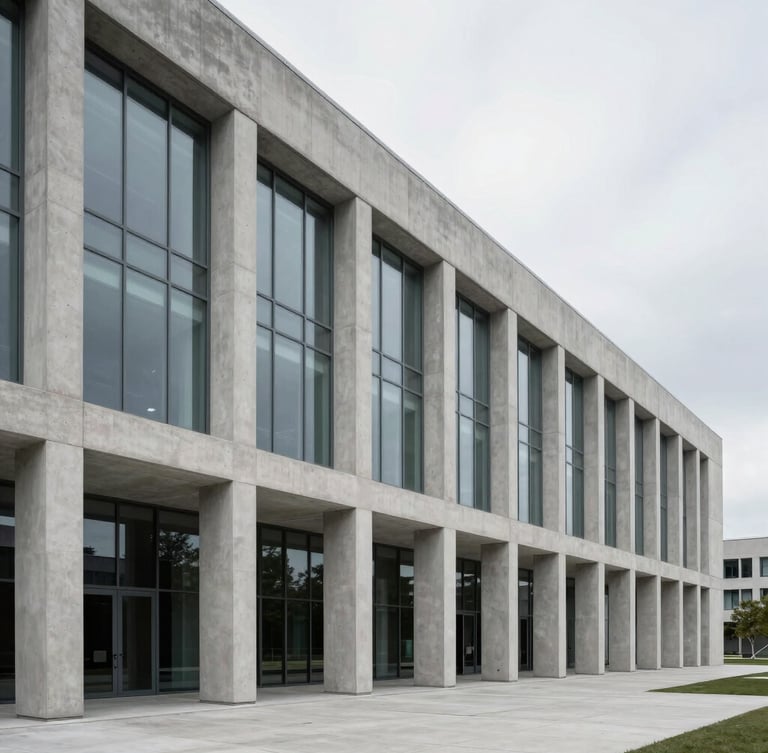 Wide architectural view of a minimalist concrete and glass corporate headquarters, clean lines, overcast diffused daylight, strong vertical columns.