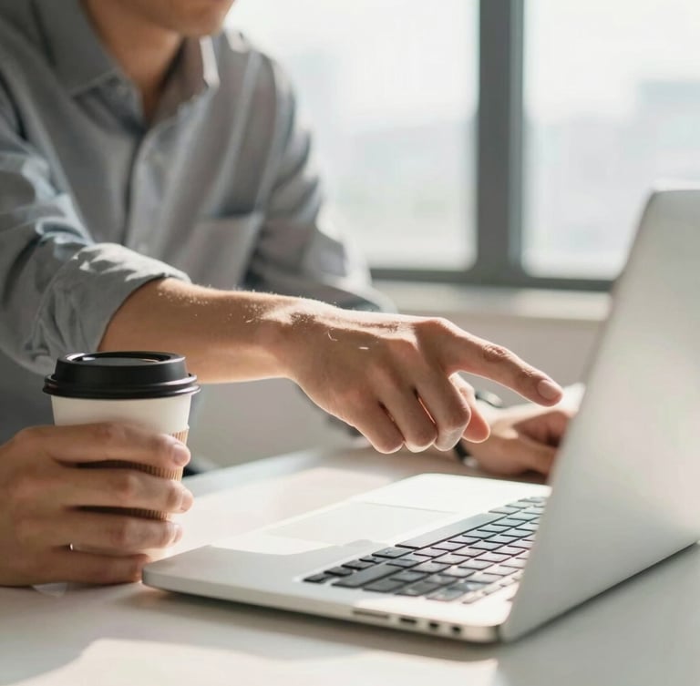 Close-up of two travel agents collaborating on a laptop in a bright, modern office, one pointing at the screen with a coffee cup nearby. Natural window light, soft shadows, clean modern workspace.